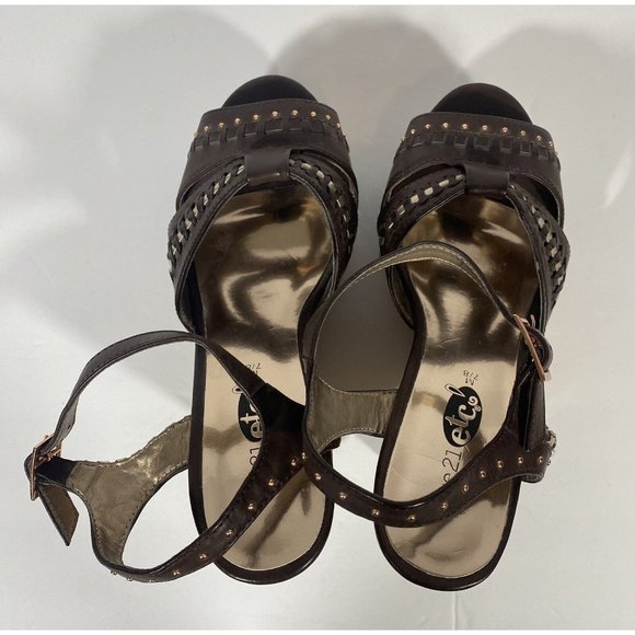 Rue21 Etc Shoes Wedge Open Toe Brown Sandal Wedge Heel Sz 7/8 Ankle Strap Studs - Picture 9 of 10